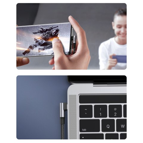 Kabel przewód kątowy USB-C w oplocie 480Mb/s 2m czarno szary Kabel przewód kątowy USB-C w oplocie 480Mb/s 2m czarno szary