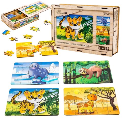 Drewniane Puzzle 4w1 Dzikie Zwierzęta Układanka Zestaw Żyrafa Leniwiec Drewniane Puzzle 4w1 Dzikie Zwierzęta Układanka Zestaw Żyrafa Leniwiec
