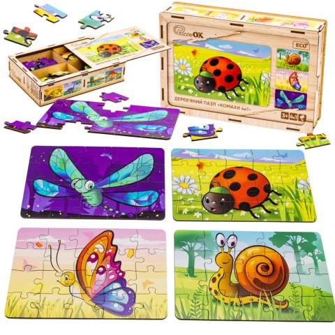 Drewniane Puzzle 4w1 Owady Układanka Zestaw Zwierzątka Biedronka Ślimak