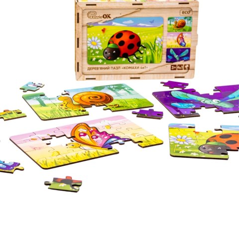 Drewniane Puzzle 4w1 Owady Układanka Zestaw Zwierzątka Biedronka Ślimak Drewniane Puzzle 4w1 Owady Układanka Zestaw Zwierzątka Biedronka Ślimak