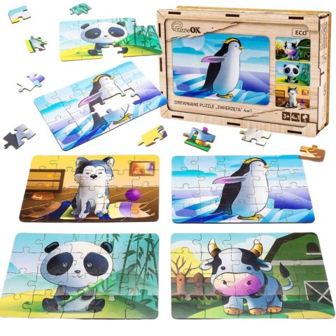 Drewniane Puzzle 4w1 Zwierzęta Układanka Zestaw Krówka Piesek Panda Pingwin Drewniane Puzzle 4w1 Zwierzęta Układanka Zestaw Krówka Piesek Panda Pingwin