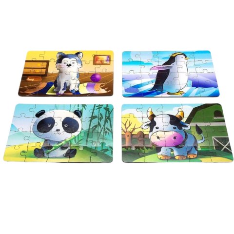Drewniane Puzzle 4w1 Zwierzęta Układanka Zestaw Krówka Piesek Panda Pingwin Drewniane Puzzle 4w1 Zwierzęta Układanka Zestaw Krówka Piesek Panda Pingwin