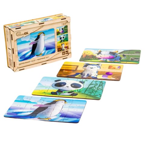 Drewniane Puzzle 4w1 Zwierzęta Układanka Zestaw Krówka Piesek Panda Pingwin Drewniane Puzzle 4w1 Zwierzęta Układanka Zestaw Krówka Piesek Panda Pingwin