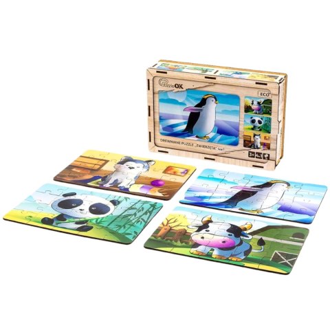 Drewniane Puzzle 4w1 Zwierzęta Układanka Zestaw Krówka Piesek Panda Pingwin Drewniane Puzzle 4w1 Zwierzęta Układanka Zestaw Krówka Piesek Panda Pingwin