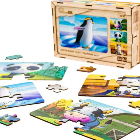 Drewniane Puzzle 4w1 Zwierzęta Układanka Zestaw Krówka Piesek Panda Pingwin Drewniane Puzzle 4w1 Zwierzęta Układanka Zestaw Krówka Piesek Panda Pingwin