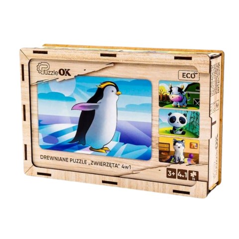 Drewniane Puzzle 4w1 Zwierzęta Układanka Zestaw Krówka Piesek Panda Pingwin Drewniane Puzzle 4w1 Zwierzęta Układanka Zestaw Krówka Piesek Panda Pingwin
