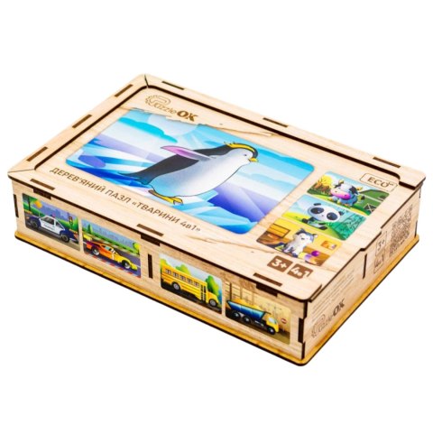 Drewniane Puzzle 4w1 Zwierzęta Układanka Zestaw Krówka Piesek Panda Pingwin Drewniane Puzzle 4w1 Zwierzęta Układanka Zestaw Krówka Piesek Panda Pingwin