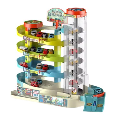 Medium five story car building: material abs, equipped with 6 cars, with lighting and electric function. The parking building ca Medium five story car building: material abs, equipped with 6 cars, with lighting and electric function. The parking building ca