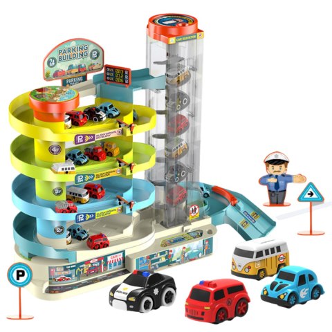 Medium five story car building: material abs, equipped with 6 cars, with lighting and electric function. The parking building ca Medium five story car building: material abs, equipped with 6 cars, with lighting and electric function. The parking building ca