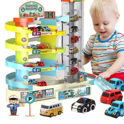 Medium five story car building: material abs, equipped with 6 cars, with lighting and electric function. The parking building ca Medium five story car building: material abs, equipped with 6 cars, with lighting and electric function. The parking building ca