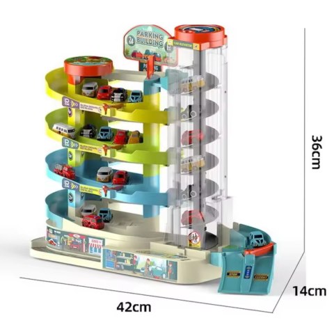 Medium five story car building: material abs, equipped with 6 cars, with lighting and electric function. The parking building ca Medium five story car building: material abs, equipped with 6 cars, with lighting and electric function. The parking building ca