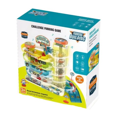 Medium five story car building: material abs, equipped with 6 cars, with lighting and electric function. The parking building ca Medium five story car building: material abs, equipped with 6 cars, with lighting and electric function. The parking building ca