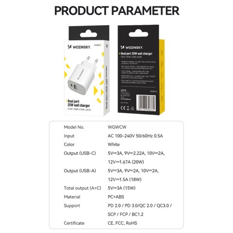 Ładowarka sieciowa 20W USB-A USB-C 100-240V biała Ładowarka sieciowa 20W USB-A USB-C 100-240V biała