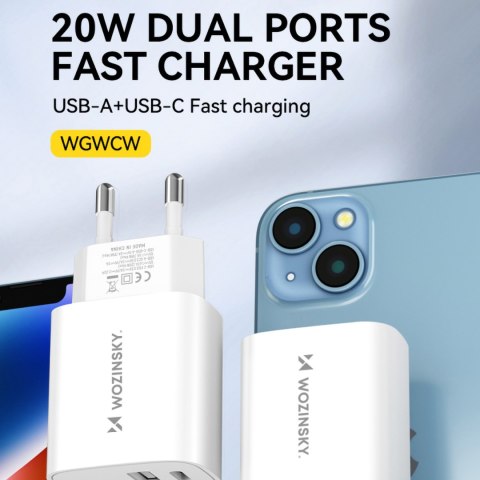 Ładowarka sieciowa 20W USB-A USB-C 100-240V biała Ładowarka sieciowa 20W USB-A USB-C 100-240V biała
