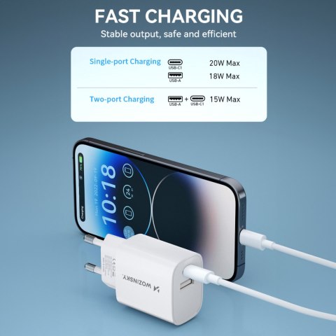 Ładowarka sieciowa 20W USB-A USB-C 100-240V biała Ładowarka sieciowa 20W USB-A USB-C 100-240V biała