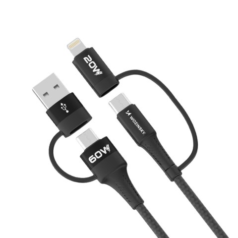 4w1 Uniwersalny kabel przewód 2x USB-C 1x USB-A 1x Lightning 60W 1m czarny 4w1 Uniwersalny kabel przewód 2x USB-C 1x USB-A 1x Lightning 60W 1m czarny