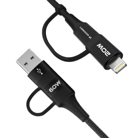 4w1 Uniwersalny kabel przewód 2x USB-C 1x USB-A 1x Lightning 60W 1m czarny 4w1 Uniwersalny kabel przewód 2x USB-C 1x USB-A 1x Lightning 60W 1m czarny