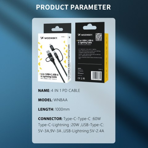 4w1 Uniwersalny kabel przewód 2x USB-C 1x USB-A 1x Lightning 60W 1m czarny 4w1 Uniwersalny kabel przewód 2x USB-C 1x USB-A 1x Lightning 60W 1m czarny