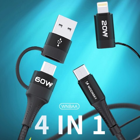 4w1 Uniwersalny kabel przewód 2x USB-C 1x USB-A 1x Lightning 60W 1m czarny 4w1 Uniwersalny kabel przewód 2x USB-C 1x USB-A 1x Lightning 60W 1m czarny