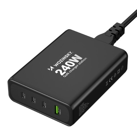 Ładowarka sieciowa GaN 240W USB-A 3x USB-C czarna Ładowarka sieciowa GaN 240W USB-A 3x USB-C czarna