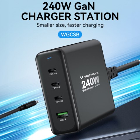 Ładowarka sieciowa GaN 240W USB-A 3x USB-C czarna Ładowarka sieciowa GaN 240W USB-A 3x USB-C czarna
