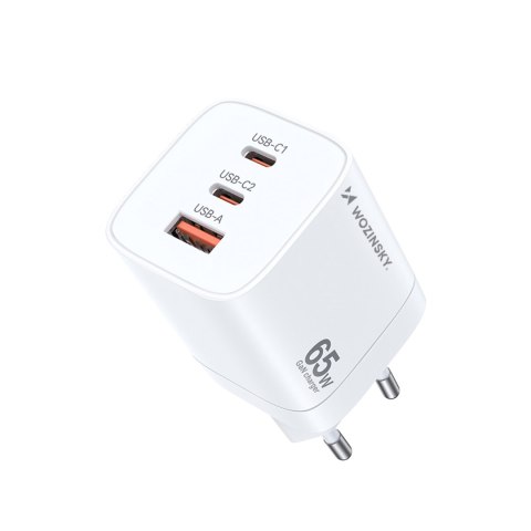 Ładowarka sieciowa GaN 65W 100-240V USB-A 2x USB-C biała Ładowarka sieciowa GaN 65W 100-240V USB-A 2x USB-C biała