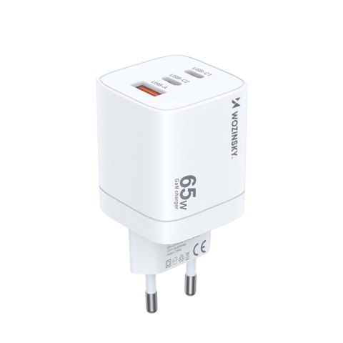Ładowarka sieciowa GaN 65W 100-240V USB-A 2x USB-C biała Ładowarka sieciowa GaN 65W 100-240V USB-A 2x USB-C biała