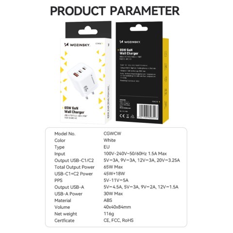 Ładowarka sieciowa GaN 65W 100-240V USB-A 2x USB-C biała Ładowarka sieciowa GaN 65W 100-240V USB-A 2x USB-C biała