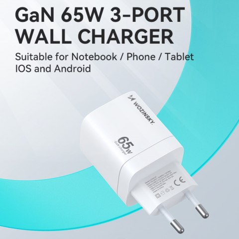 Ładowarka sieciowa GaN 65W 100-240V USB-A 2x USB-C biała Ładowarka sieciowa GaN 65W 100-240V USB-A 2x USB-C biała