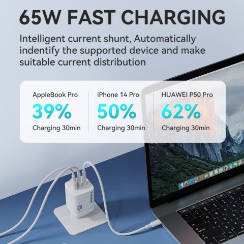 Ładowarka sieciowa GaN 65W 100-240V USB-A 2x USB-C biała Ładowarka sieciowa GaN 65W 100-240V USB-A 2x USB-C biała