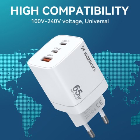 Ładowarka sieciowa GaN 65W 100-240V USB-A 2x USB-C biała Ładowarka sieciowa GaN 65W 100-240V USB-A 2x USB-C biała