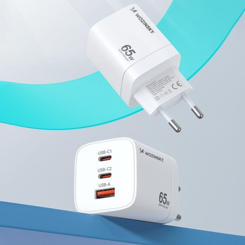 Ładowarka sieciowa GaN 65W 100-240V USB-A 2x USB-C biała Ładowarka sieciowa GaN 65W 100-240V USB-A 2x USB-C biała