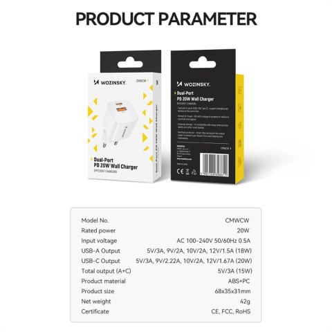 Ładowarka sieciowa PD QC 3.0 100-240V 20W USB-C USB-A biała Ładowarka sieciowa PD QC 3.0 100-240V 20W USB-C USB-A biała