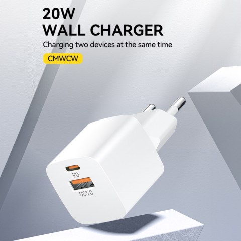 Ładowarka sieciowa PD QC 3.0 100-240V 20W USB-C USB-A biała Ładowarka sieciowa PD QC 3.0 100-240V 20W USB-C USB-A biała