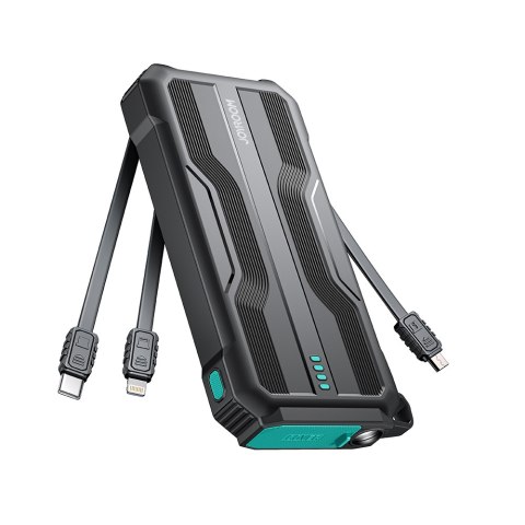 Pancerny powerbank 10000mAh outdoor z kablami USB-C microUSB Lightning i latarką - czarny Pancerny powerbank 10000mAh outdoor z kablami USB-C microUSB Lightning i latarką - czarny