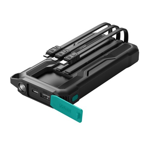 Pancerny powerbank 10000mAh outdoor z kablami USB-C microUSB Lightning i latarką - czarny Pancerny powerbank 10000mAh outdoor z kablami USB-C microUSB Lightning i latarką - czarny