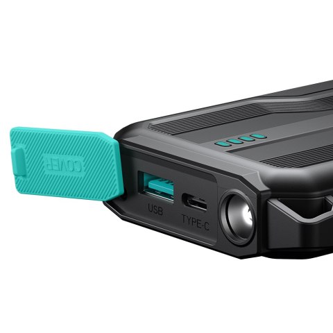 Pancerny powerbank 10000mAh outdoor z kablami USB-C microUSB Lightning i latarką - czarny Pancerny powerbank 10000mAh outdoor z kablami USB-C microUSB Lightning i latarką - czarny