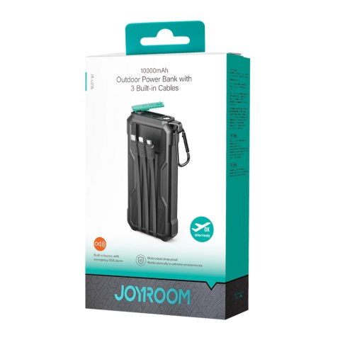Pancerny powerbank 10000mAh outdoor z kablami USB-C microUSB Lightning i latarką - czarny Pancerny powerbank 10000mAh outdoor z kablami USB-C microUSB Lightning i latarką - czarny