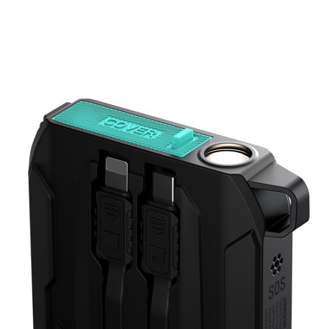 Powerbank terenowy Outdoor 10000mAh z wbudowanymi kablami USB-C i Lightning czarny Powerbank terenowy Outdoor 10000mAh z wbudowanymi kablami USB-C i Lightning czarny