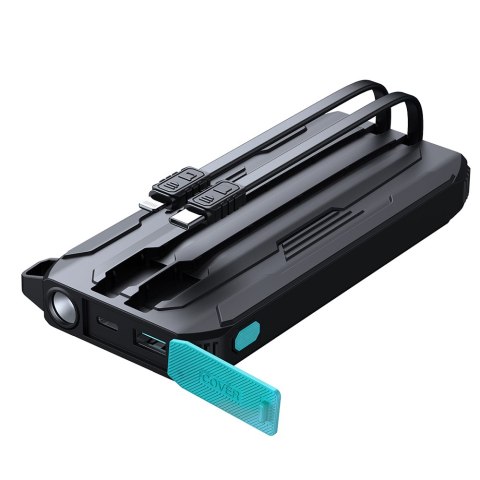 Powerbank terenowy Outdoor 10000mAh z wbudowanymi kablami USB-C i Lightning czarny Powerbank terenowy Outdoor 10000mAh z wbudowanymi kablami USB-C i Lightning czarny