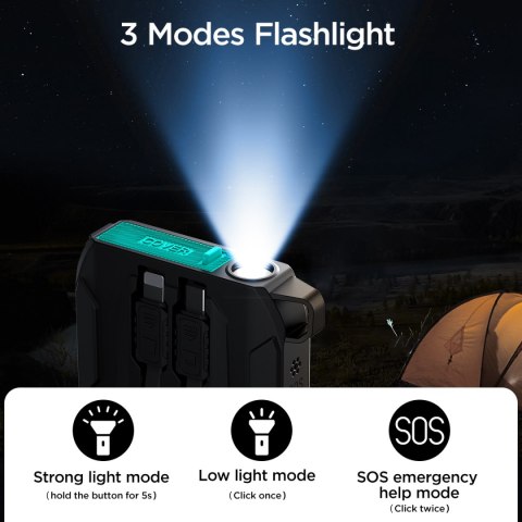 Powerbank terenowy Outdoor 10000mAh z wbudowanymi kablami USB-C i Lightning czarny Powerbank terenowy Outdoor 10000mAh z wbudowanymi kablami USB-C i Lightning czarny