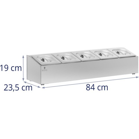 Ekspozytor stojak na pojemniki gastronomiczne 5 x GN 1/6 9.5 l + pojemniki z pokrywkami Ekspozytor stojak na pojemniki gastronomiczne 5 x GN 1/6 9.5 l + pojemniki z pokrywkami