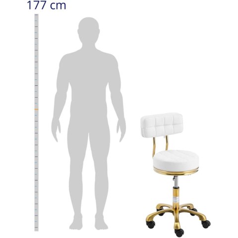 Krzesło taboret hoker kosmetyczny z oparciem na kółkach do 150 kg GELA biało złoty Krzesło taboret hoker kosmetyczny z oparciem na kółkach do 150 kg GELA biało złoty