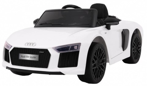 Audi R8 Spyder na akumulator Biały + Pilot + EVA + Wolny Start + Radio MP3 + LED Audi R8 Spyder na akumulator Biały + Pilot + EVA + Wolny Start + Radio MP3 + LED