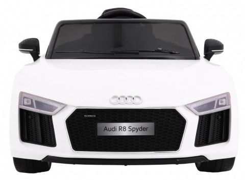 Audi R8 Spyder na akumulator Biały + Pilot + EVA + Wolny Start + Radio MP3 + LED Audi R8 Spyder na akumulator Biały + Pilot + EVA + Wolny Start + Radio MP3 + LED