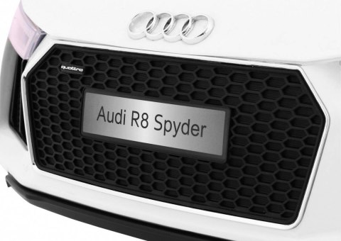 Audi R8 Spyder na akumulator Biały + Pilot + EVA + Wolny Start + Radio MP3 + LED Audi R8 Spyder na akumulator Biały + Pilot + EVA + Wolny Start + Radio MP3 + LED