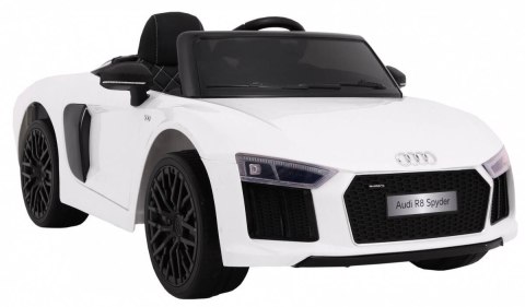 Audi R8 Spyder na akumulator Biały + Pilot + EVA + Wolny Start + Radio MP3 + LED Audi R8 Spyder na akumulator Biały + Pilot + EVA + Wolny Start + Radio MP3 + LED
