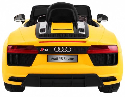 Audi R8 Spyder na akumulator Żółty + Pilot + EVA + Wolny Start + Radio MP3 + LED Audi R8 Spyder na akumulator Żółty + Pilot + EVA + Wolny Start + Radio MP3 + LED