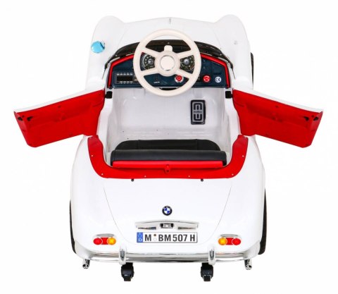 Autko BMW 507 Retro elektryczne dla dzieci Biały + Audio LED + Pilot + Ekoskóra + EVA + Wolny Start Autko BMW 507 Retro elektryczne dla dzieci Biały + Audio LED + Pilot + Ekoskóra + EVA + Wolny Start
