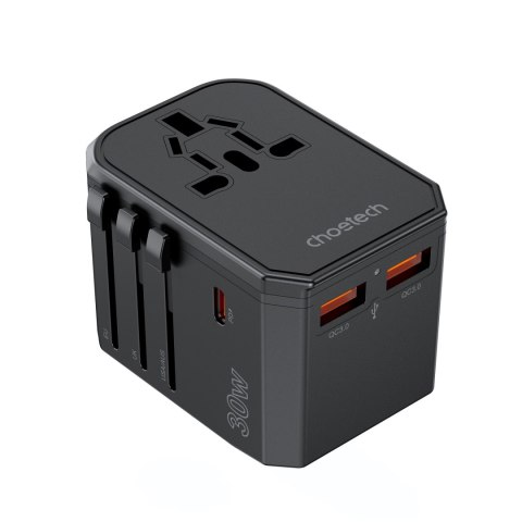 Uniwersalna ładowarka podróżna USB-C 2x USB-A PD 30W wtyczki USA EU UK AU czarna Uniwersalna ładowarka podróżna USB-C 2x USB-A PD 30W wtyczki USA EU UK AU czarna
